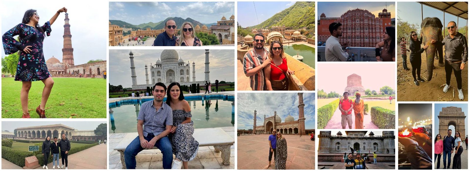 A collage of travellers visiting India’s historic landmarks