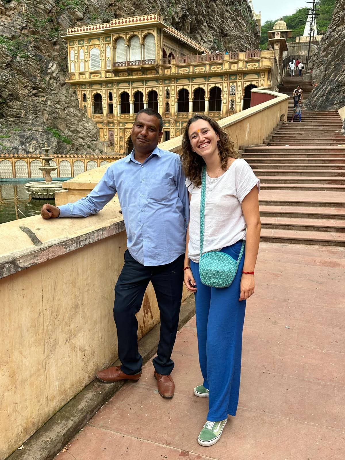 Travellers exploring heritage architecture